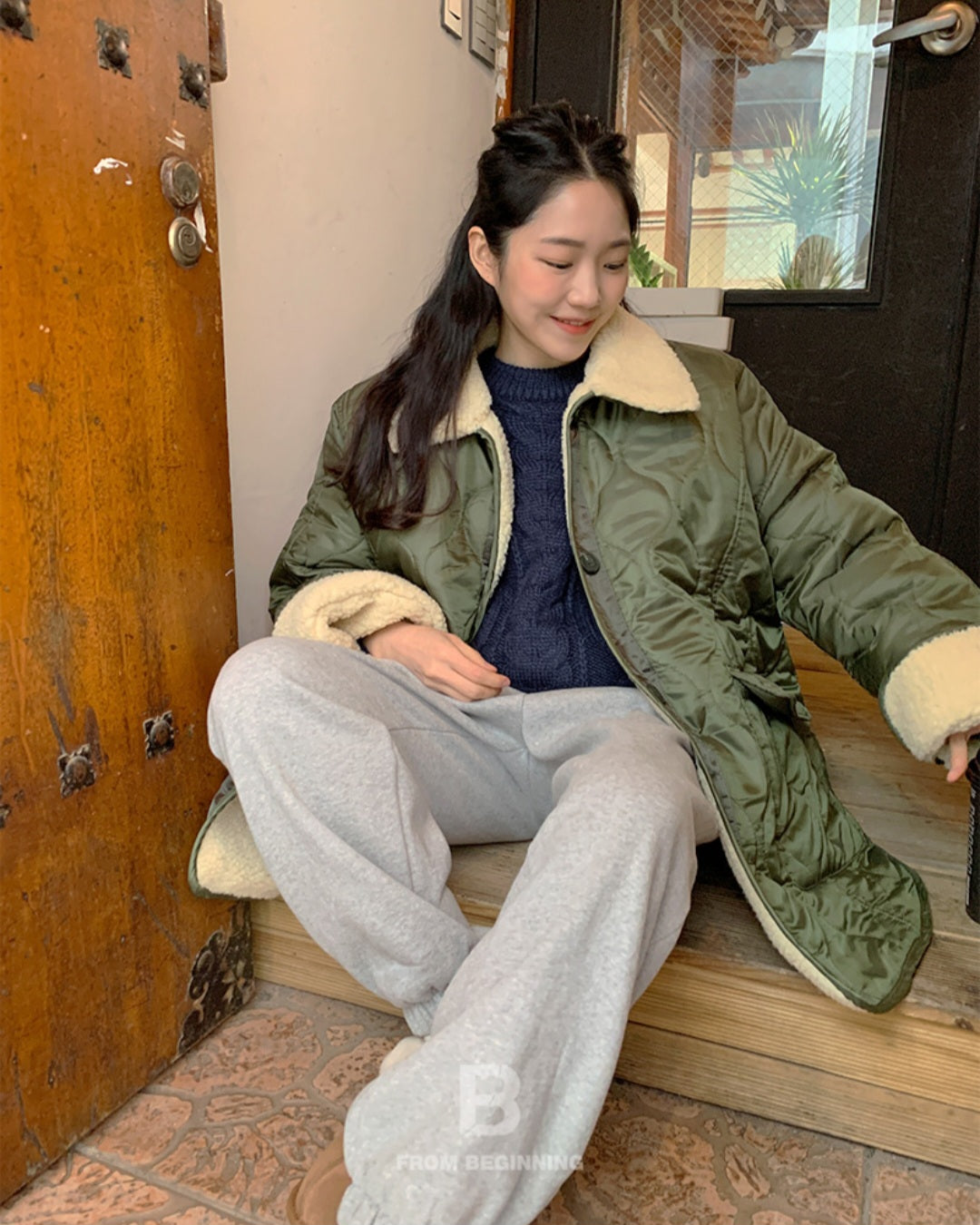 덤블카라 퀼팅 하프패딩