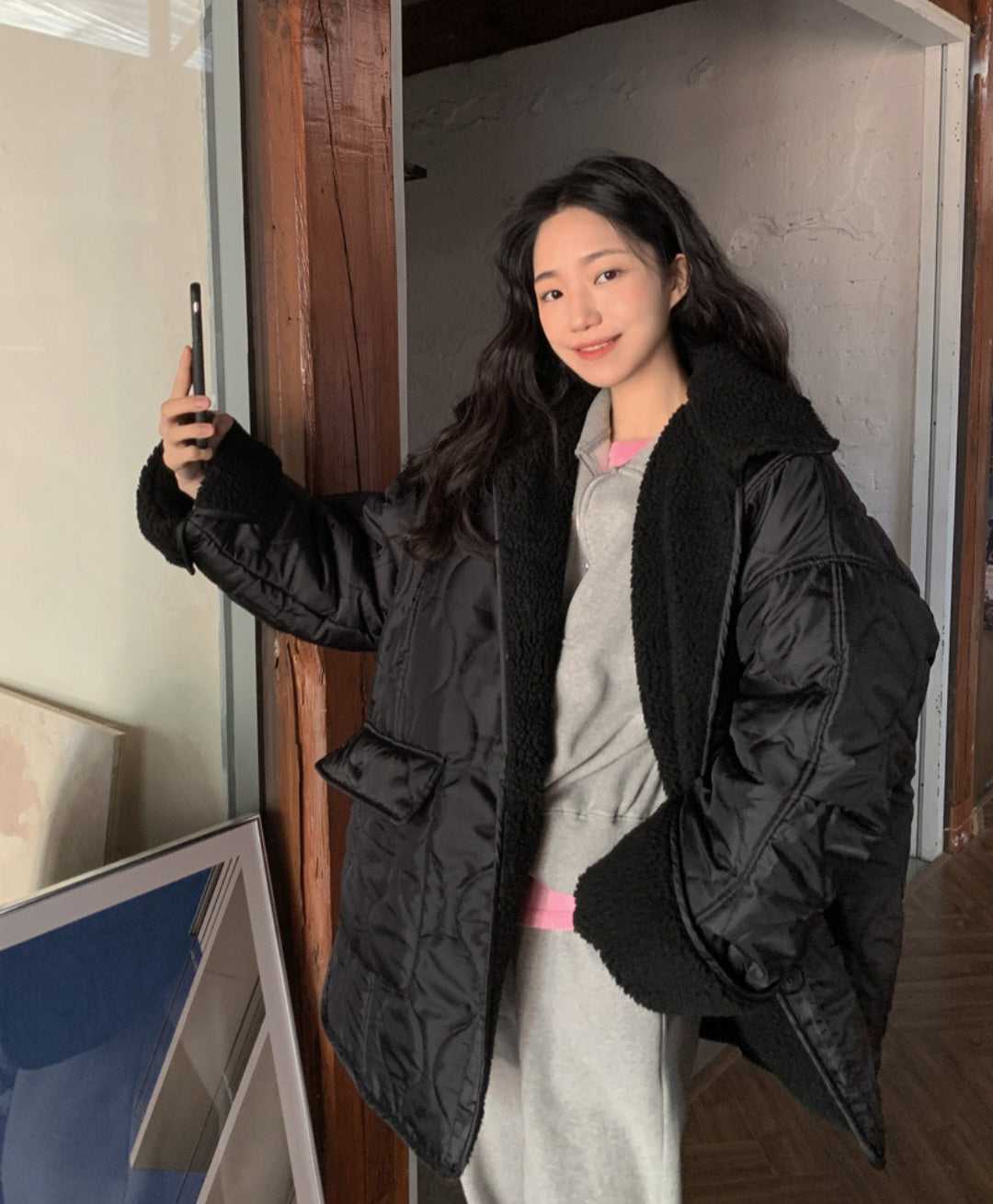 덤블카라 퀼팅 하프패딩