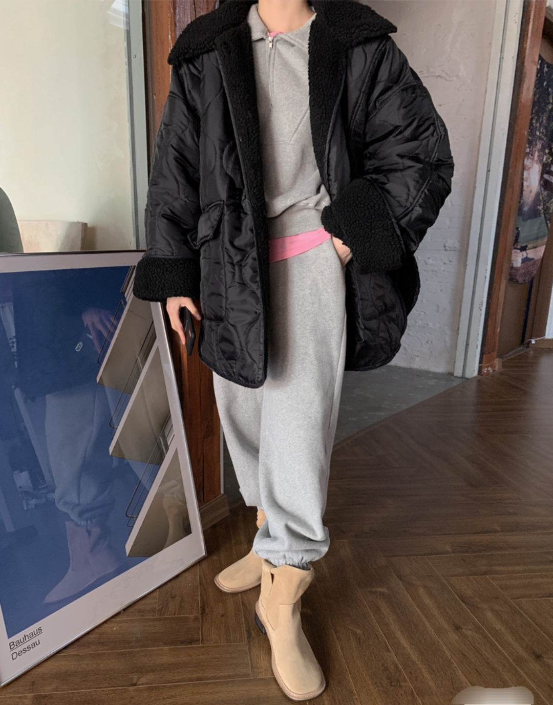 덤블카라 퀼팅 하프패딩
