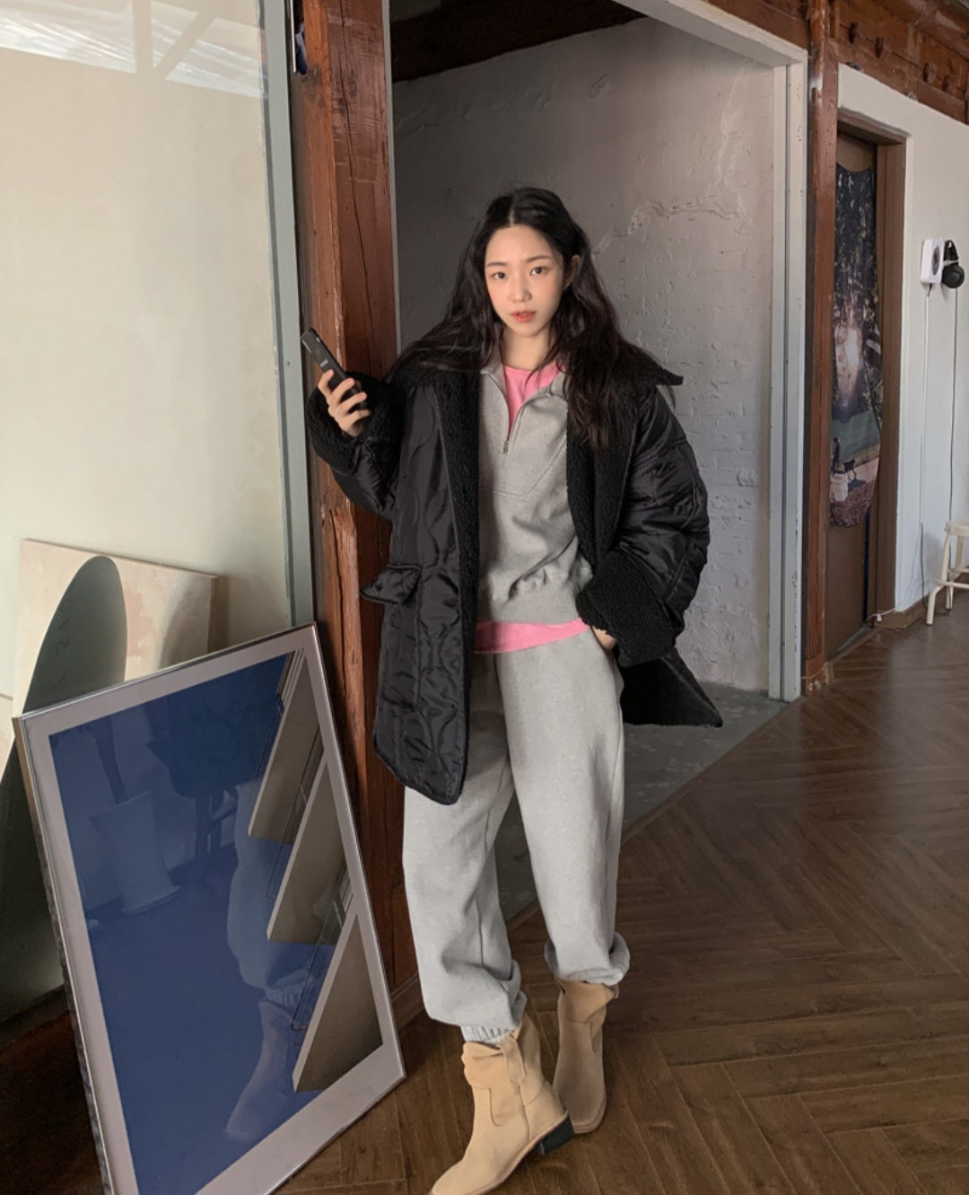 덤블카라 퀼팅 하프패딩