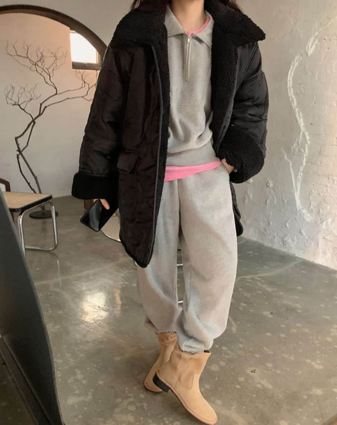덤블카라 퀼팅 하프패딩