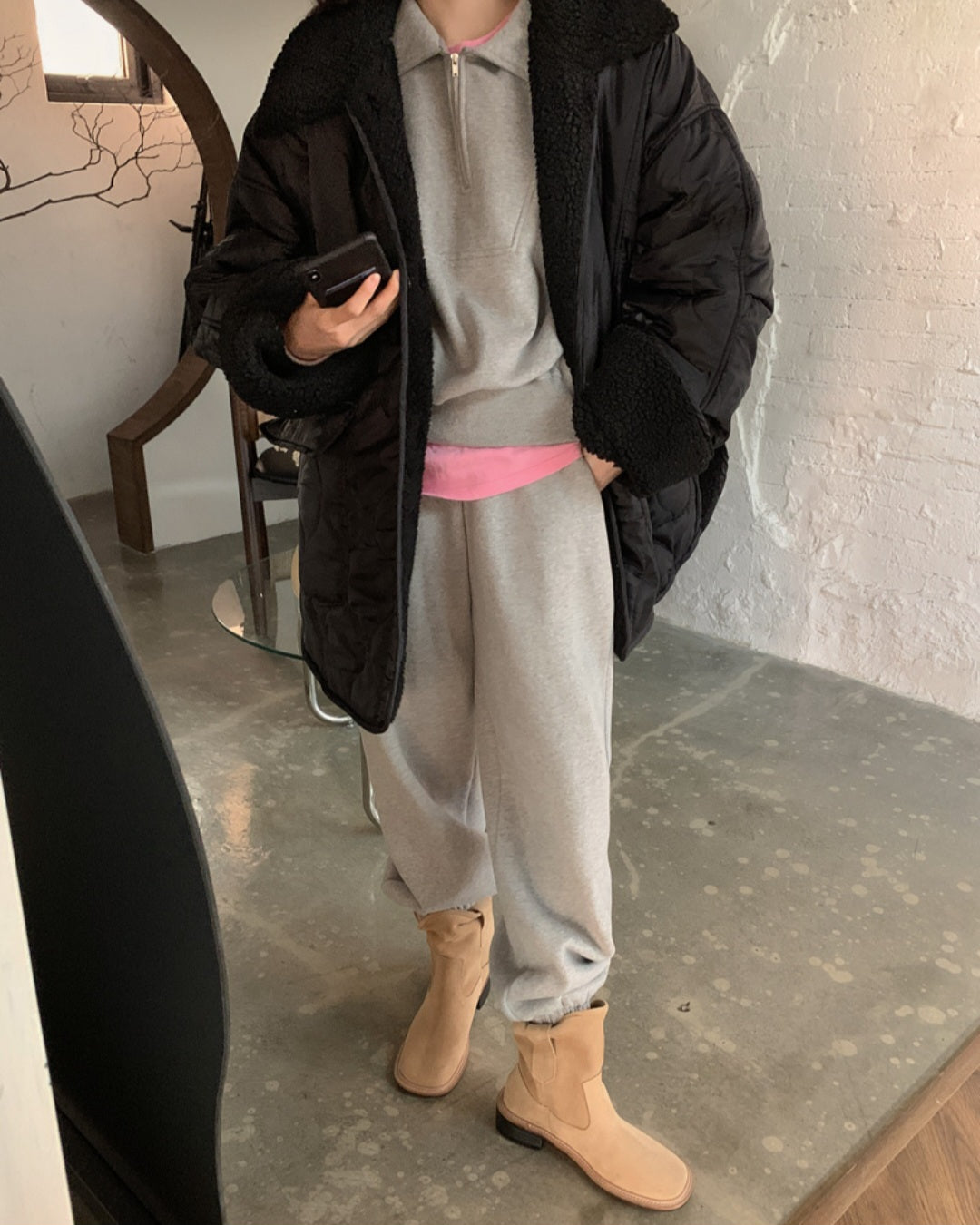 덤블카라 퀼팅 하프패딩
