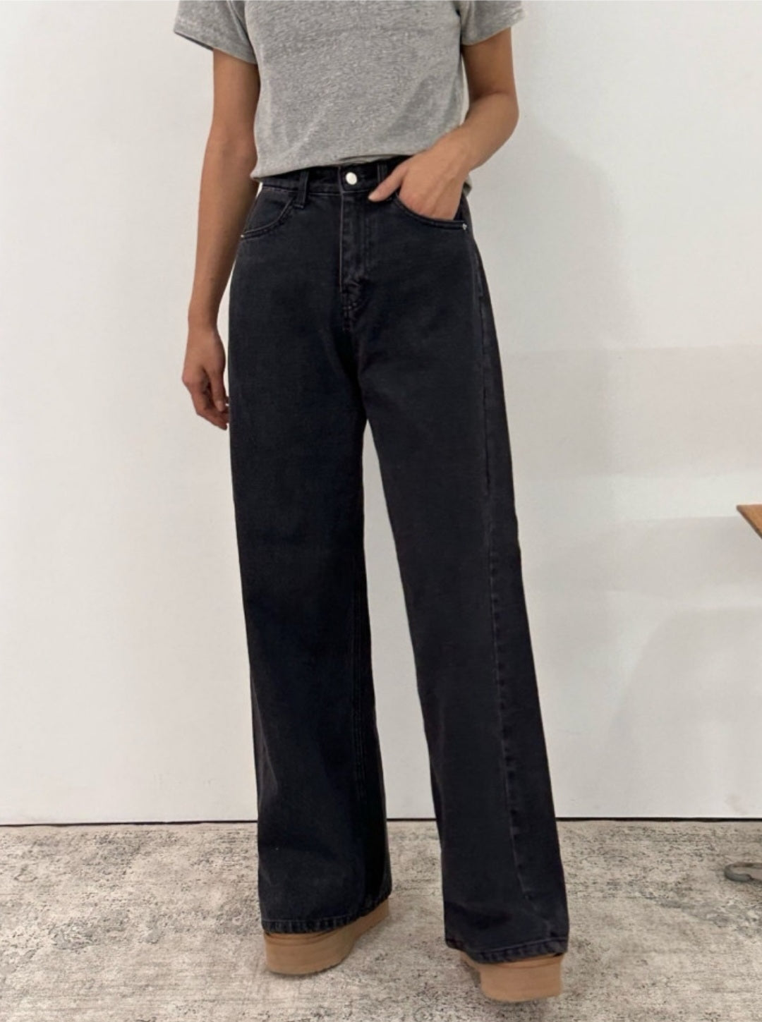 하이웨스트 기모 통와이드 데님팬츠