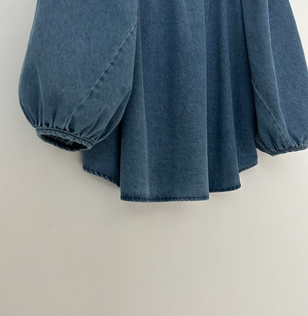 프릴 퍼프 데님 블라우스