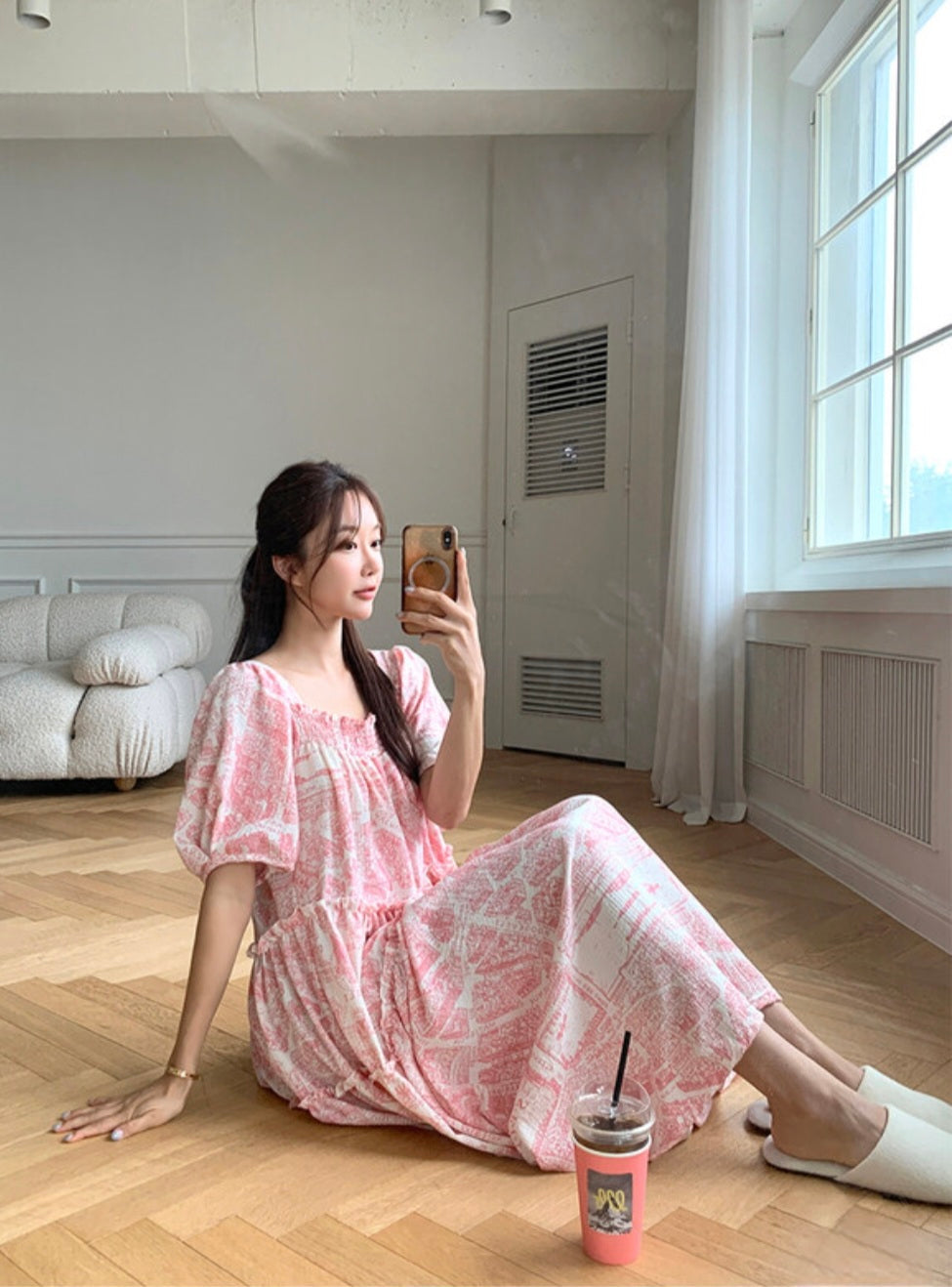 드로잉 스퀘어넥 홈원피스