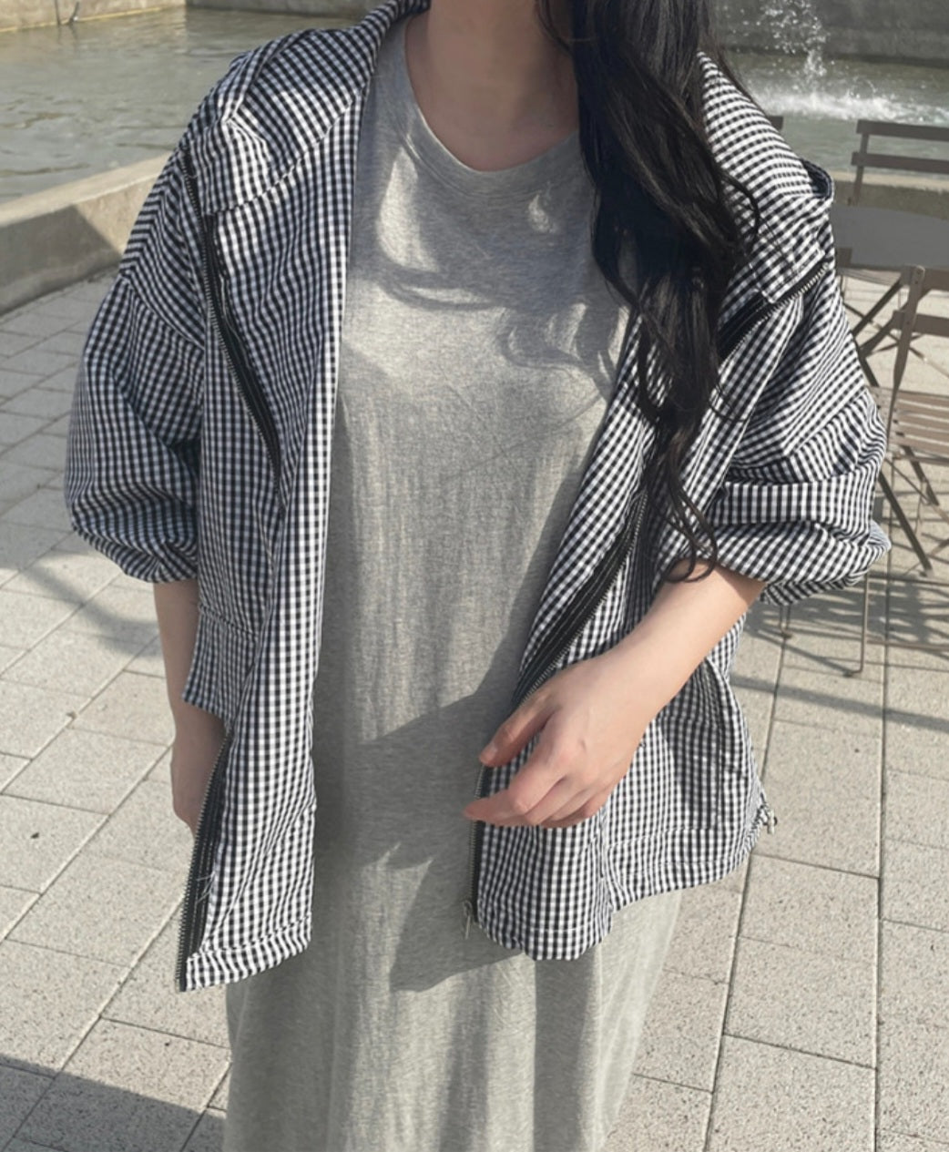 체크후드 바람막이 점퍼