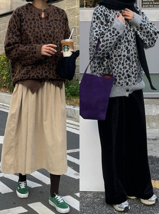레오파드 양모 루즈핏 가디건