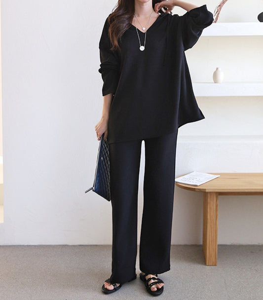 브이넥 긴팔 후드 set