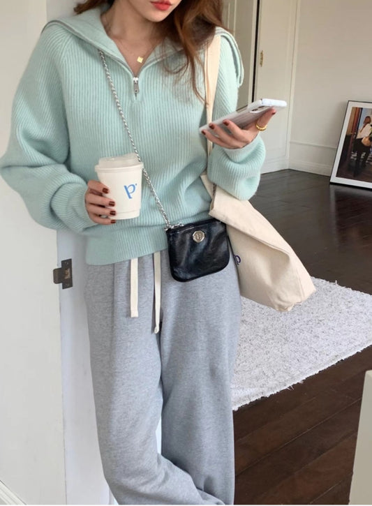 파스텔 울하프 집업 니트