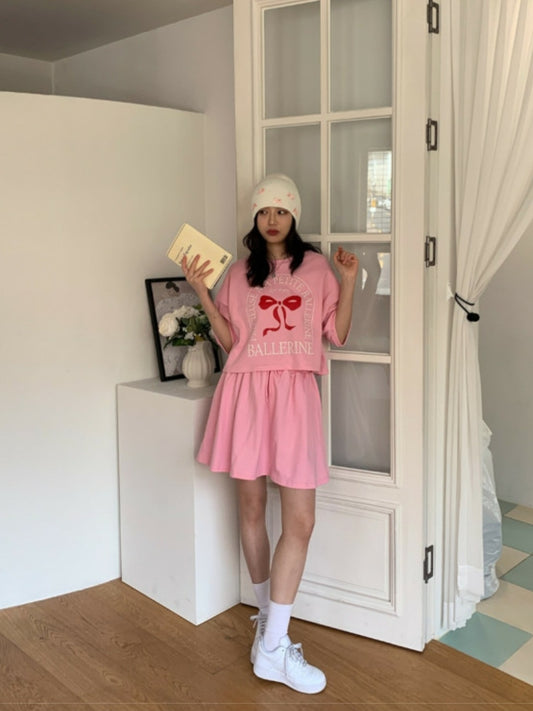 프린팅 세미크롭 반팔 스커트 Set