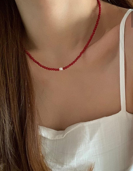 [실버925] 체리레드 원석담수 진주 포인트 목걸이 3m