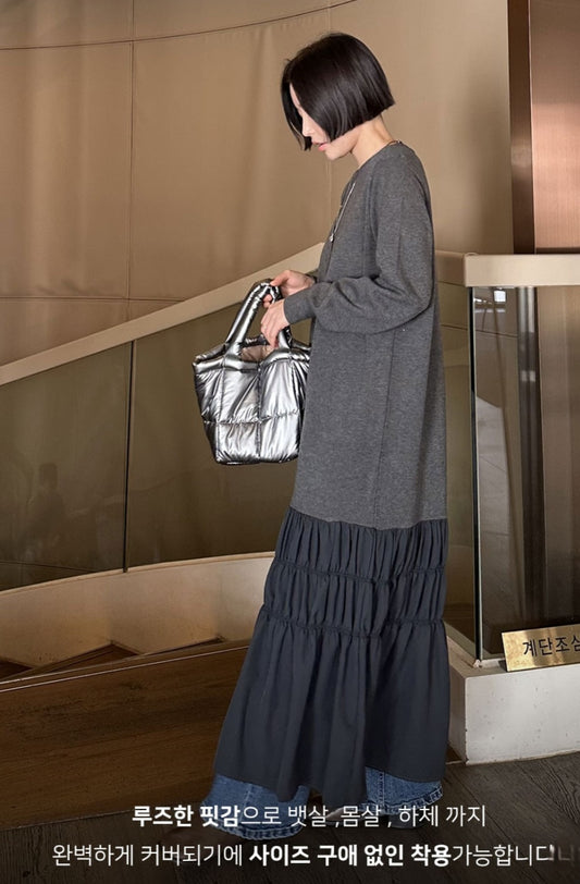 셔링 배색 니트 원피스