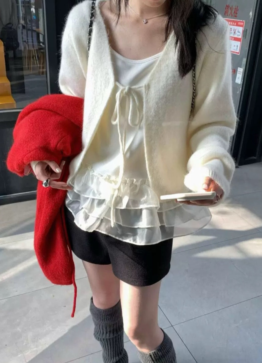 ⏩️ 리본 가디건 & 프릴 끈나시 Set