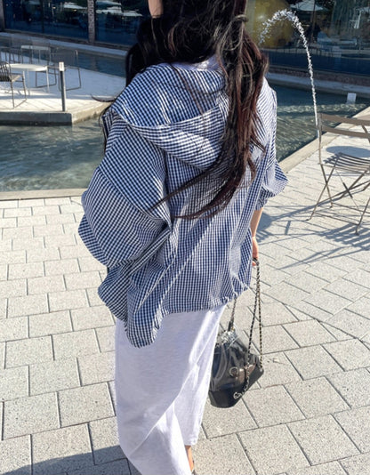체크후드 바람막이 점퍼