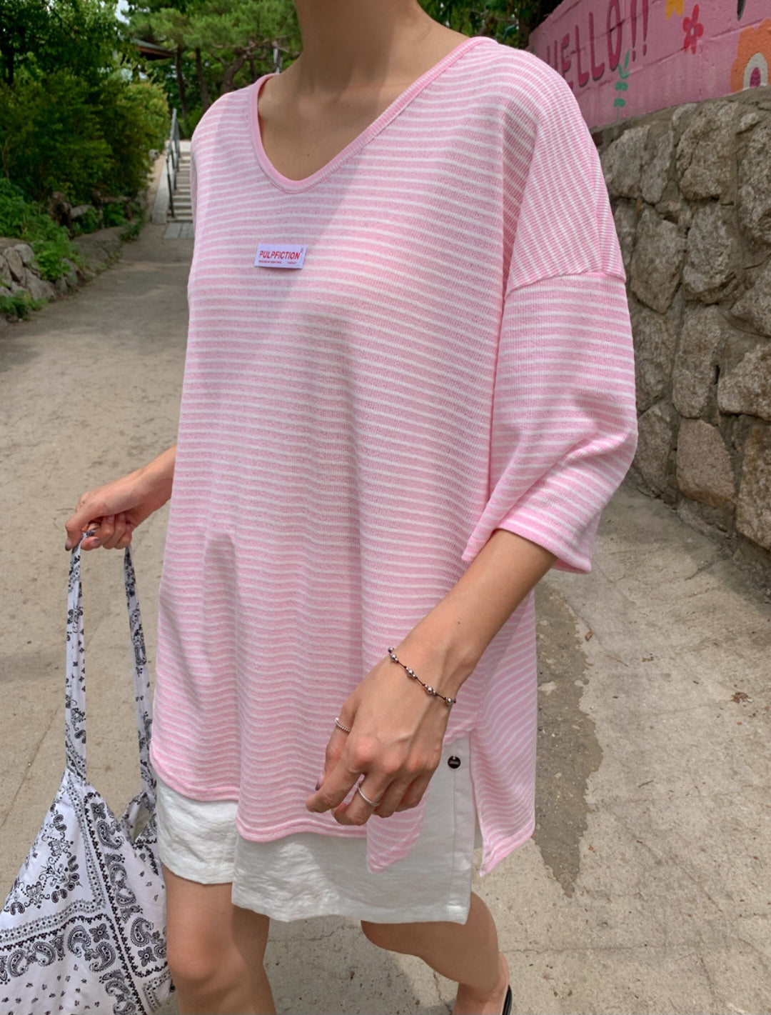 ☀️단가라 U넥 티셔츠