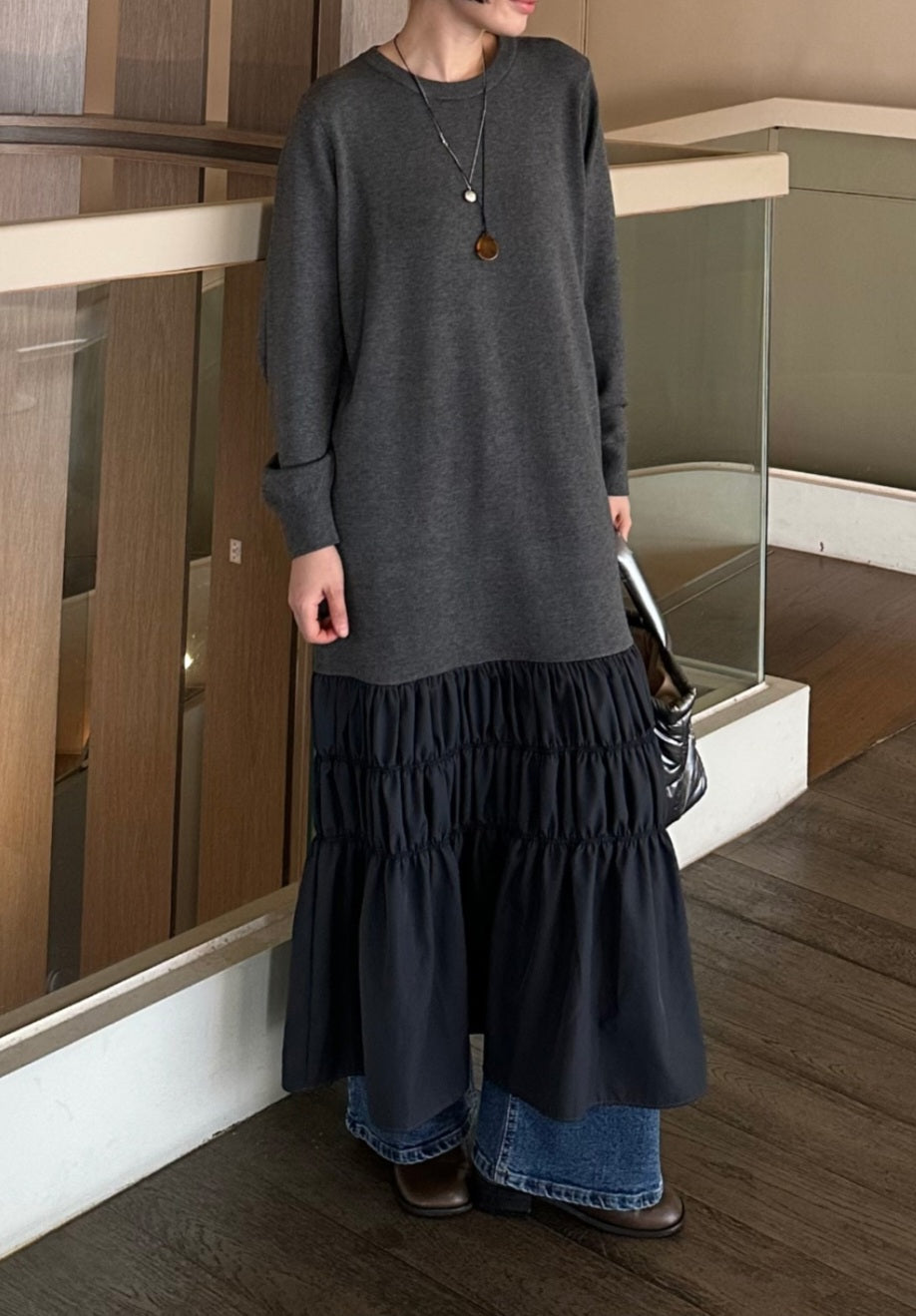 셔링 배색 니트 원피스