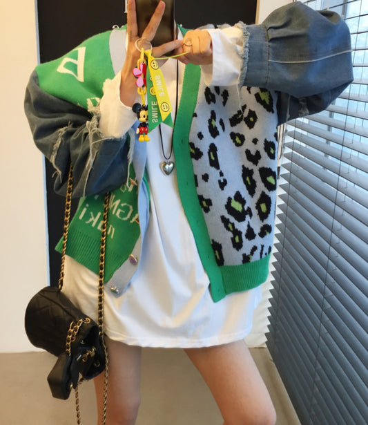 레터링 데님믹스 니트가디건