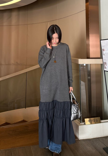 셔링 배색 니트 원피스