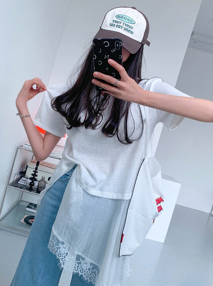 ⭐️사선 롱 레이스 반팔 티셔츠