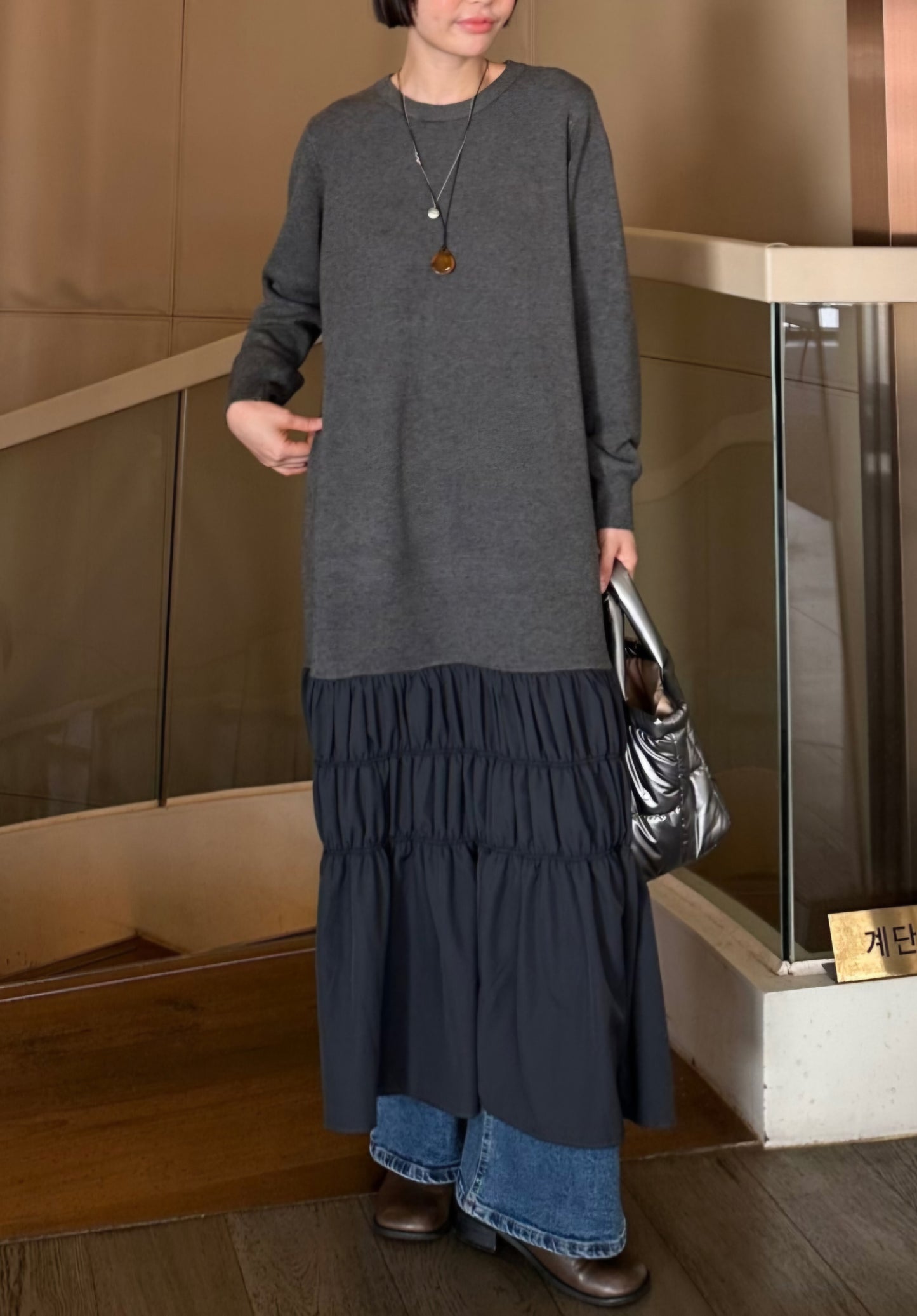 셔링 배색 니트 원피스