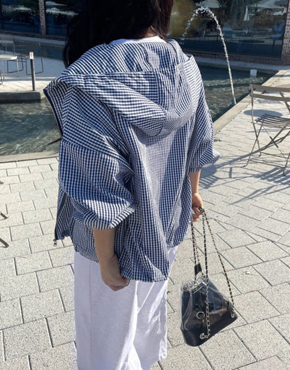 체크후드 바람막이 점퍼