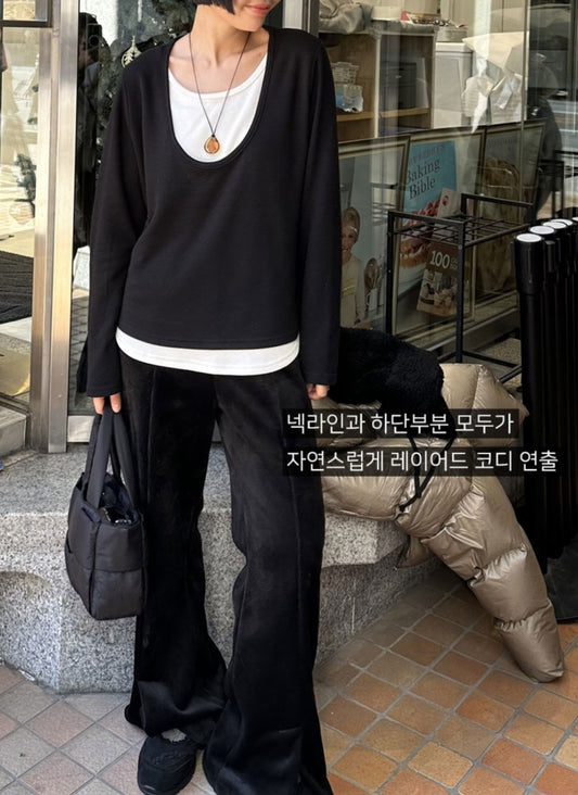 페이크 루즈핏 기모 티셔츠