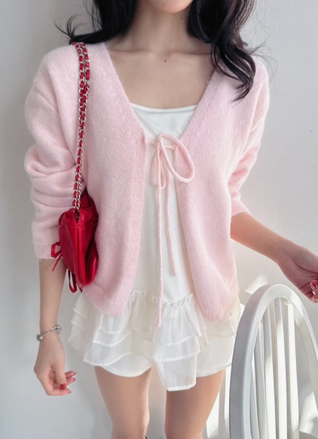 ⏩️ 리본 가디건 & 프릴 끈나시 Set