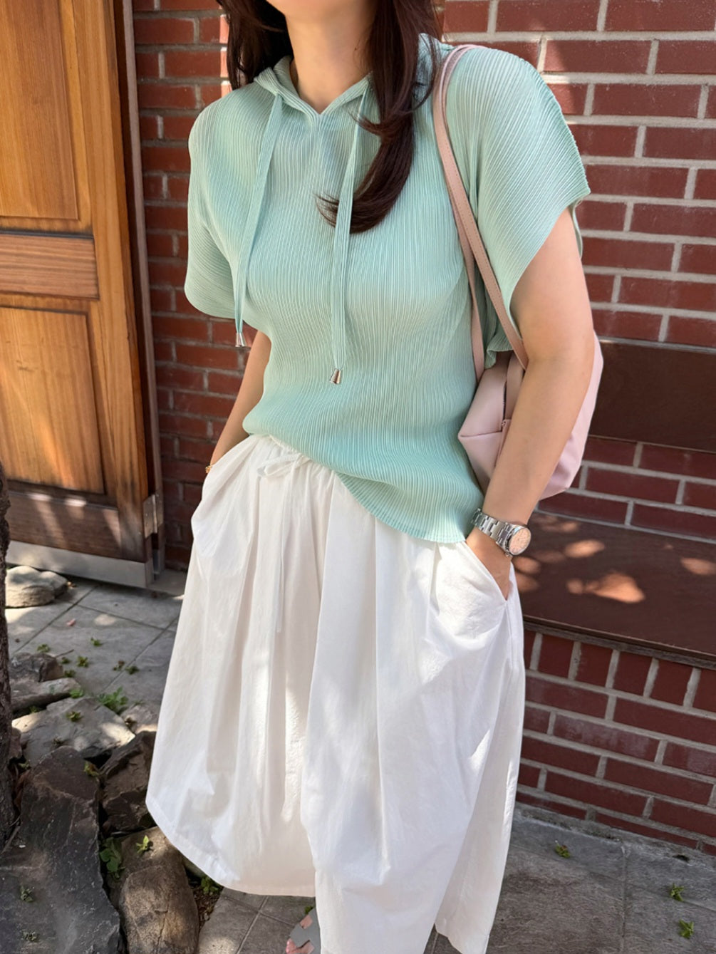💐후드 플리츠 반팔