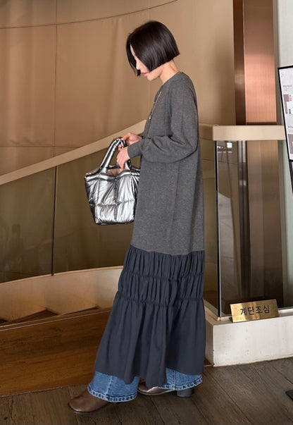 셔링 배색 니트 원피스