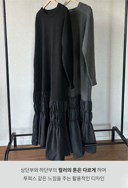 셔링 배색 니트 원피스