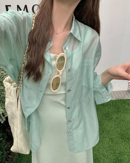 시스루 오버핏 백슬릿 셔츠