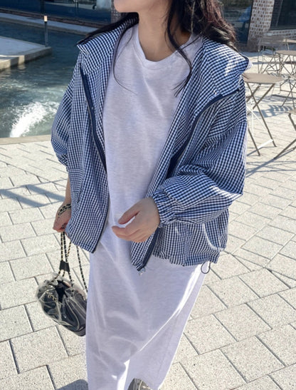 체크후드 바람막이 점퍼