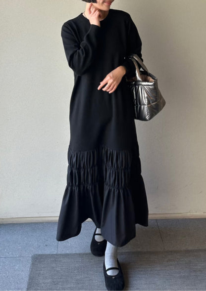 셔링 배색 니트 원피스