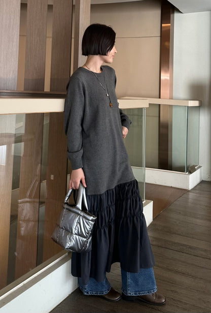 셔링 배색 니트 원피스