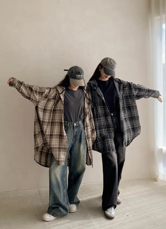 후드 체크롱셔츠