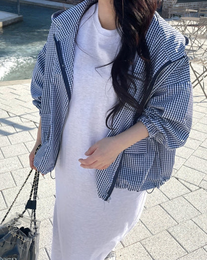 체크후드 바람막이 점퍼
