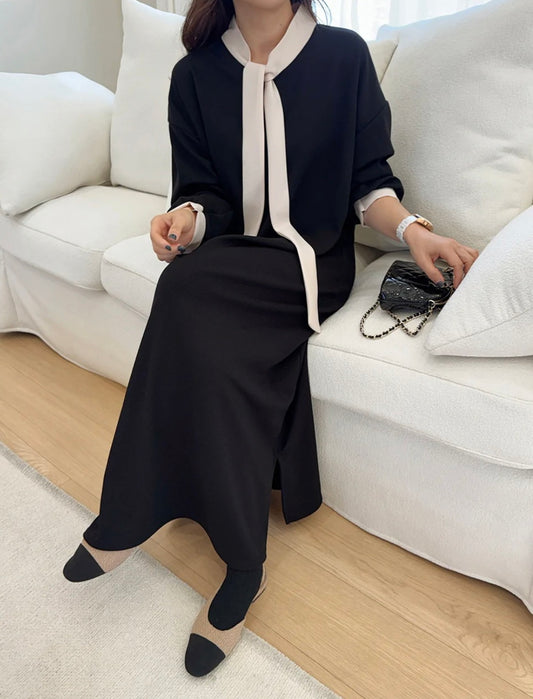 배색 타이넥 롱원피스