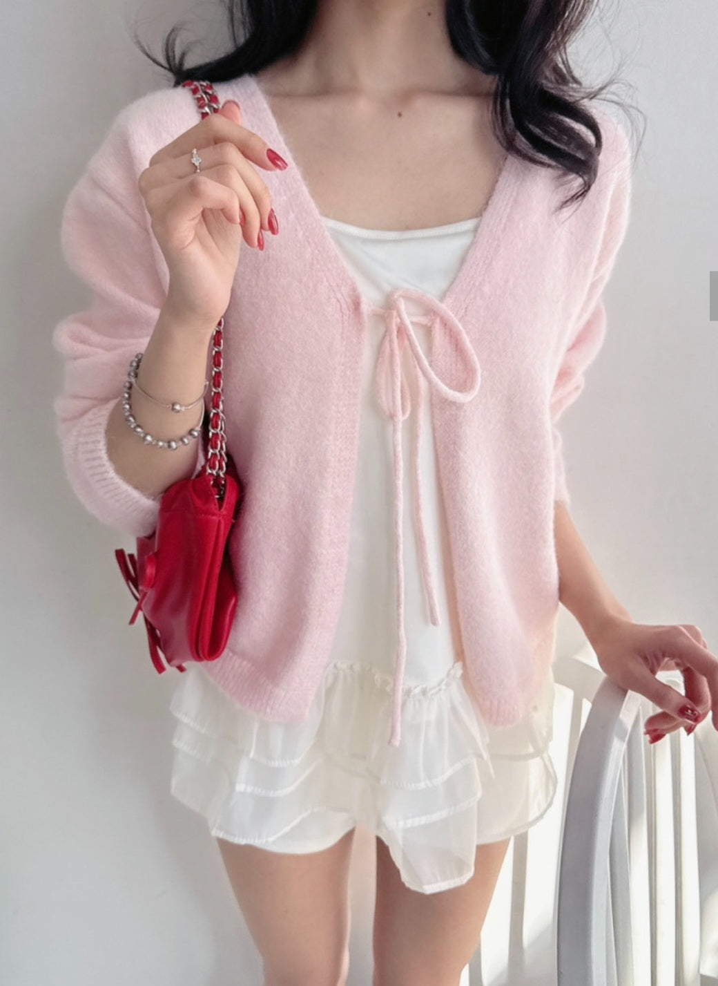 ⏩️ 리본 가디건 & 프릴 끈나시 Set