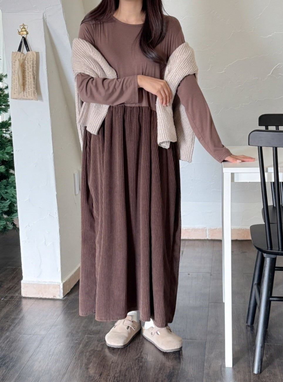 골덴 레이어드 긴팔원피스