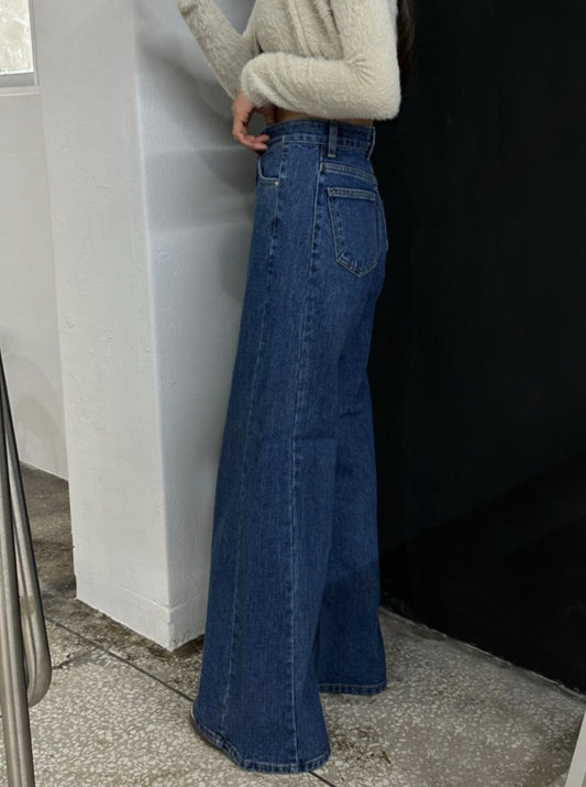 하이웨스트 기모 통와이드 데님팬츠